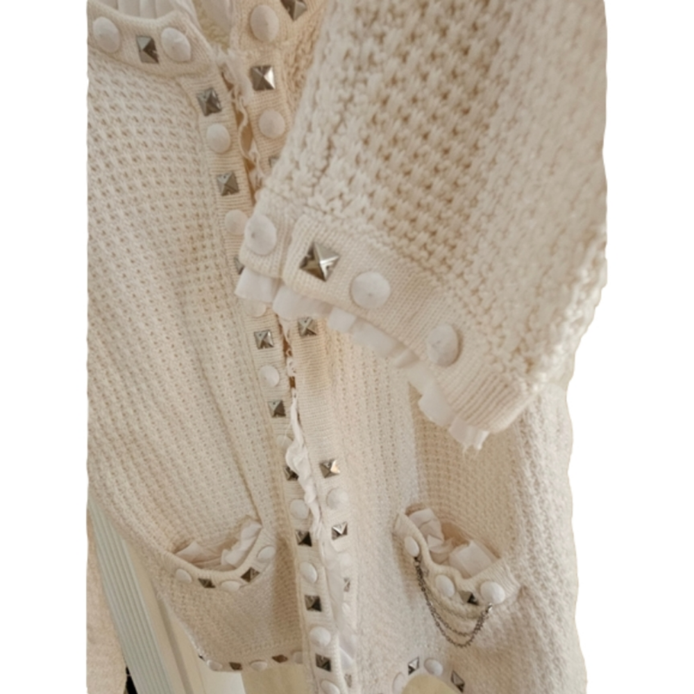 White House Black Market Cream Ruffle/Jewel Detail  Sweater Cardigan-Size Medium - Picture 11 of 12